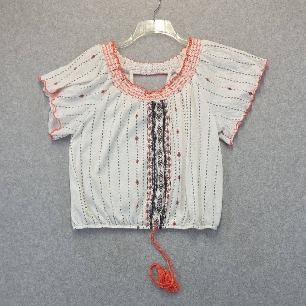 Almost Famous XL Boho Peasant Top White Orange Embroidered Tassel Blouse